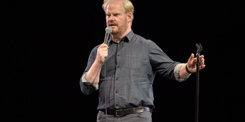 Jim Gaffigan holds mic while speaking to the crowd during his performance in 2017 at BJC