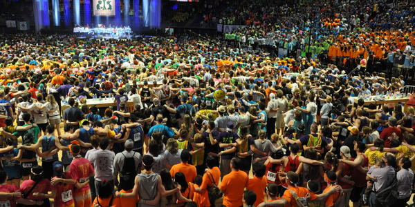 View of entire dance floor with stage in the background. 