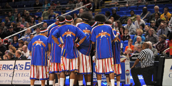 Time out for the Globetrotters during their game against the Generals.