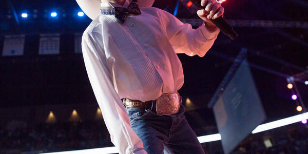 Former Walmart yodeler, Mason Ramsey, yodeles on stage at THON 2019