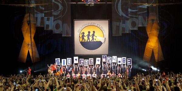 View of entire BJC arena, full crowd, celebrating the dancers end of THON 2012.